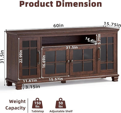 Large Sideboard Buffet Cabinet with Storage, Vintage Walnut Farmhouse 60" Wide Credenza Accent Cabinets with Glass Doors & Wood Legs, Kitchen Coffee Bar Table for Dining Room, Living Room