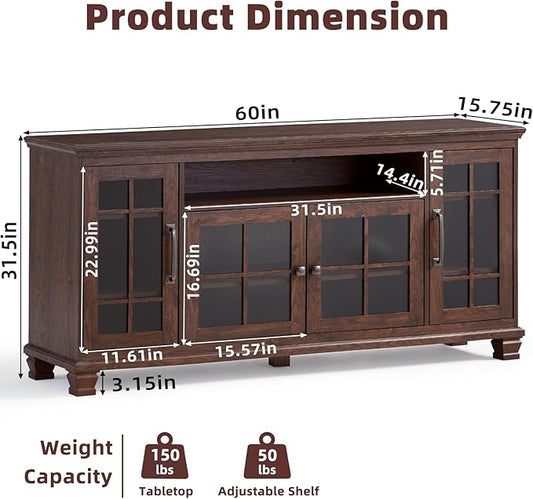 Large Sideboard Buffet Cabinet with Storage, Vintage Walnut Farmhouse 60" Wide Credenza Accent Cabinets with Glass Doors & Wood Legs, Kitchen Coffee Bar Table for Dining Room, Living Room