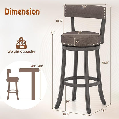 COSTWAY Bar Stools Set of 4, Upholstered Farmhouse Bar stools with Cushioned Seat & Backrest, Solid Wood Legs, Footrest, 31” Bar Height Swivel Stools for Kitchen Island, Pub (4, 31'' Seat Height)