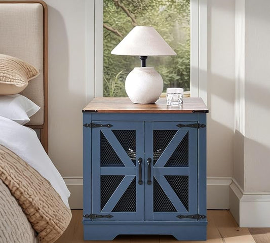 White Farmhouse End Table with Charging Station, 24" Wood Sofa Side Table with Mesh Barn Door, Nightstand with Adjustable Storage Shelf for Living Room, Square