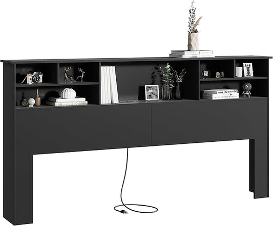 King Size Headboard only for Bedroom, Stylish King Bookcase Headboard with Built-in Charging Station & 2 LED Lights, Noise-Free Wood HeadBoard with Storage, Bookshelf Headboards Black