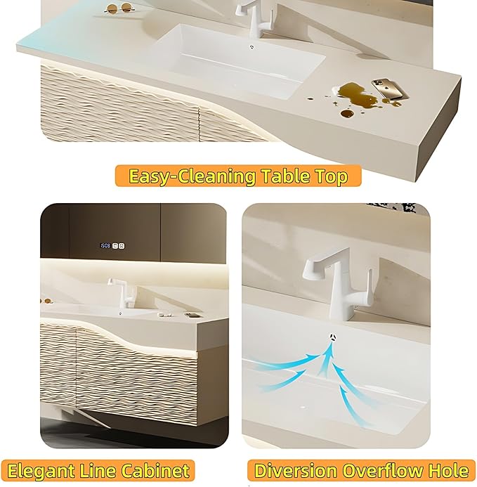 40in Elegant Modern Luxury Bathroom Vanity with Sink - Wall Mounted Solid Wood Cabinet & Smart LED Defogging Mirror | Single Sink Bathroom Cabinets