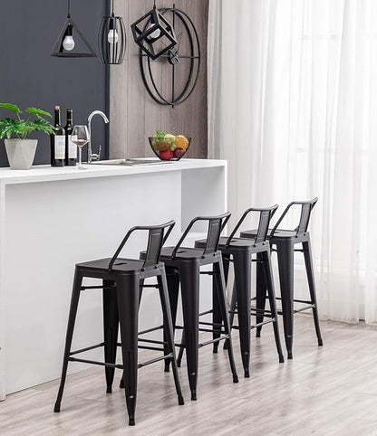 HAOBO Home 26" Low Back Metal Counter Stool Height Bar Stools [Set of 4] for Indoor/Outdoor Barstools, Matte Black