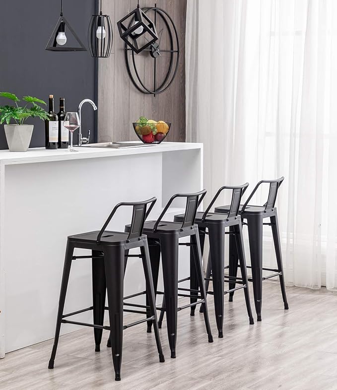 HAOBO Home 24" Low Back Metal Counter Stool Height Bar Stools [Set of 4] for Indoor/Outdoor Barstools, Matte Black