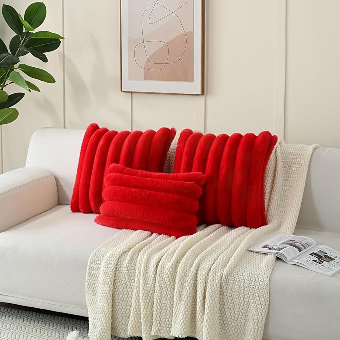 FUTEI Christmas Red Decorative Throw Pillow Covers 20x20 Inch Set of 2, Square Soft Faux Rabbit Fur Thick Striped Cushion Cover,Winter Home Decor for Couch Bed Living Room