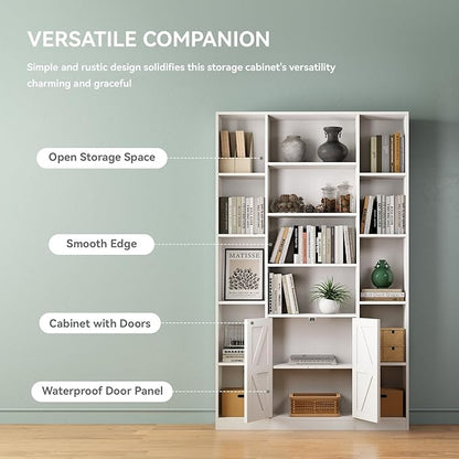 MXV 74" Tall Bookshelf, White Bookcase with Doors and Storage Space, Large Display Shelf for Home & Office, Living Room, Bedroom, Kitchen