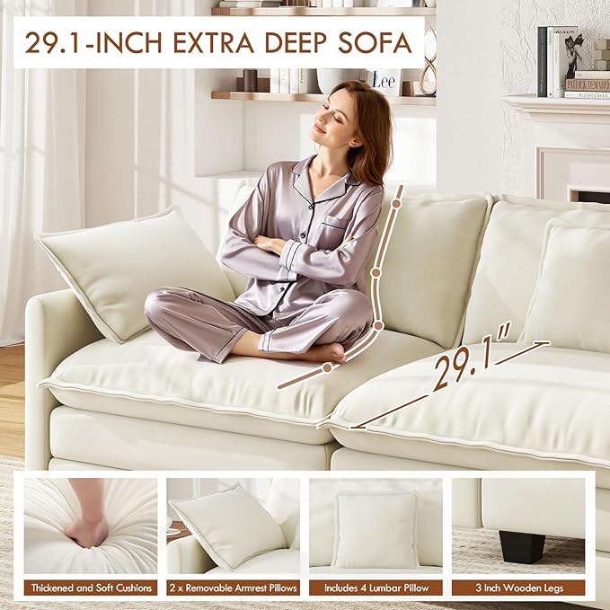 WorthFurni 146” Oversized Modular Sectional Sofa, U Shaped Cloud Couch Set, 4-Seater Comfy Chenille Couches with 2 Movable Ottomans, DIY Combination for Living Room （Beige）