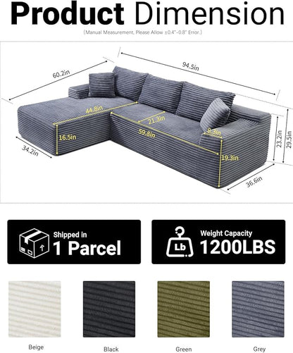 95 Inch Cloud Sectional Couch,Modular Sectional Sofa with Deep Seat,Modern Corduroy Boneless Couches with L-Shape Chaise for Living Room Bedroom,No Assembly Required (Grey, Left Facing Chaise)