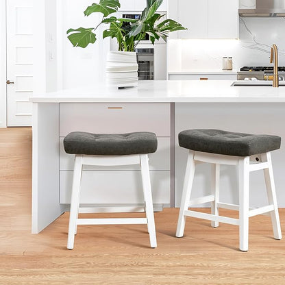 Counter Height Bar Stools Set of 2 for Kitchen Counter Farmhouse Modern Barstools with Faux Leather Upholstered Backless Seat and Solid Wood Legs 24 inch Bar Chairs, Grey + White