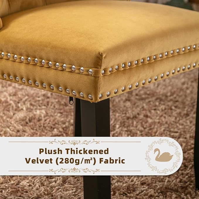 Velvet Upholstered Dining Chairs Set of 4, Modern Style Kitchen Side Chairs with Nailhead Trim and Wood Legs,Metal Pulling Ring for Dining Room Living Room(Gold)
