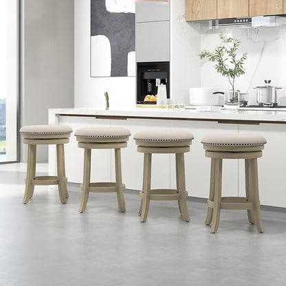 COSTWAY 360° Swivel Bar Stools Set of 2, 26.5-inch Height Upholstered Round Barstools with Wooden Frame, Seat and Footrest, Backless Solid Wood Counter Stools for Kitchen Island Bistro Pub, Beige