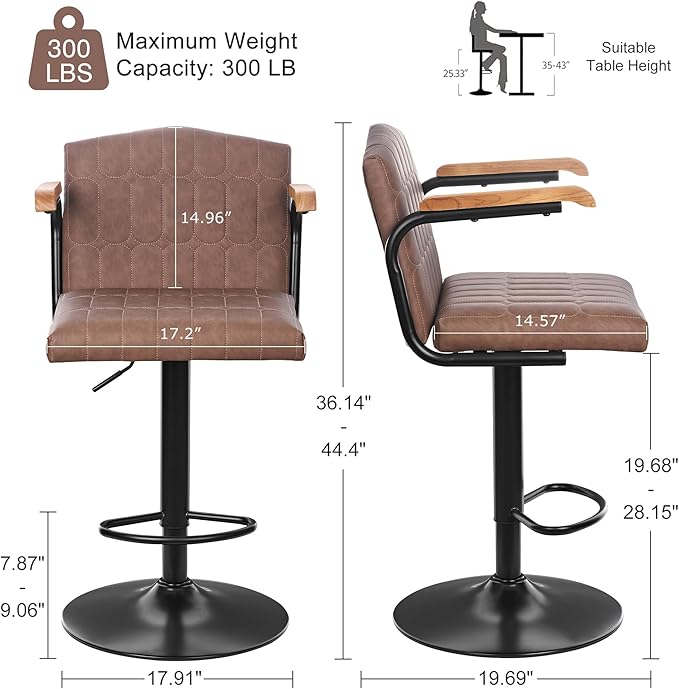 VECELO Bar Stools Set of 2, Adjustable Upholstered Swivel Barstools, Modern Counter Height Bar Stools with Back and Footrest, Island Chairs for Kitchen, Dining Room, Bar