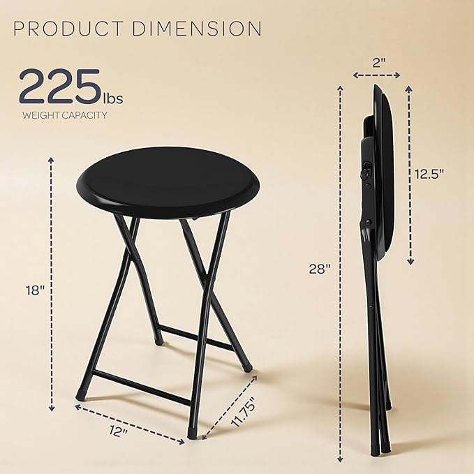 Folding Stool - Backless 18-Inch Stool with 225lb Capacity for Kitchen or Rec Room - Portable Indoor Counter Bar Stools by Lavish Home (Black)