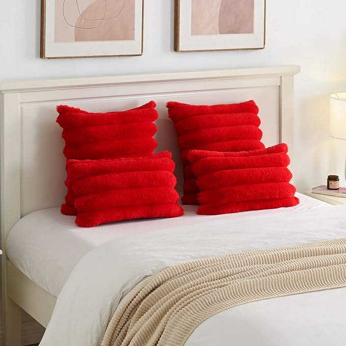 FUTEI Christmas Red Decorative Throw Pillow Covers 24x24 Inch Set of 2, Square Soft Faux Rabbit Fur Thick Striped European Cushion Covers,Winter Home Decor for Couch Bed Living Room