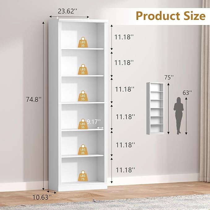 75" Tall Bookshelf & Bookcase, 6-Tier Adjustable Storage Shelves, Book Shelf with Anti-Tipping Device, Floor Standing Modern Display Rack for Living Room, Bedroom, Office, White