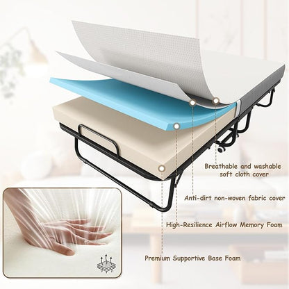 75" x 38" Folding Beds with Mattress for Adults, Portable Foldable Twin Bed with Memory Foam Mattress & Super Strong Frame, Convenient Roll Away Guest Bed for Storage