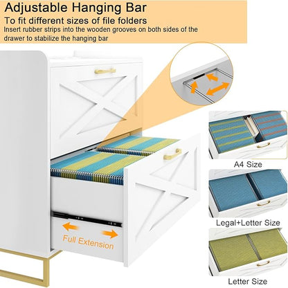 File Cabinet 2 Drawers Lateral File Cabinet with Charging Station for Letter/Legal/A4 Size Hanging Files, Large Wood File Storage Cabinets Printer Stand for Home Office, White and Gold