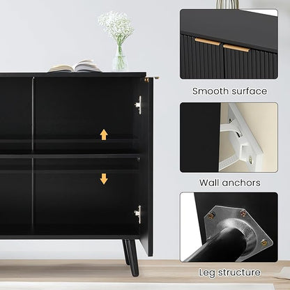 Fluted Storage Cabinet with Doors Set of 2, Wooden Sideboard Buffet Cabinet with Adjustable Shelves, Modern Accent Table for Living Room, Entryway, Black