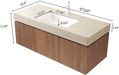 48 Inch Floating Bathroom Vanity with Sink, Wall-Mounted Bathroom Vanity with Drawer and 2 Doors, Roma Travertine-Pattern Countertop and Ceramic Basin, Pre-Assembled, Espresso Woodgrain Color