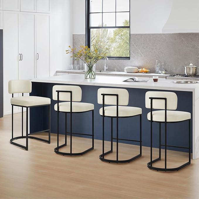 26" H Counter Height Bar Stools Set of 2, Modern Faux Leather Upholstered Barstools with Backrest for Kitchen Island, Black Metal Frames, Cream