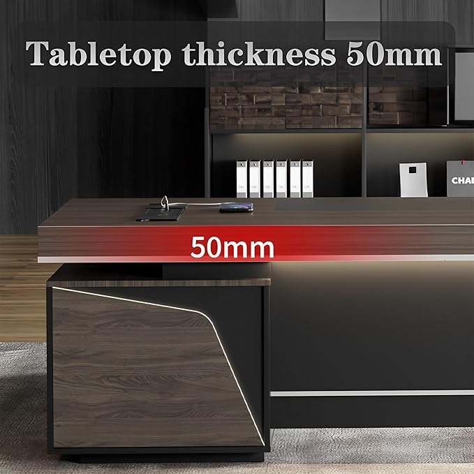 Modern Large Desk, Modern L-shaped Desk With Side Cabinets, Executive Desk With Combination Lock Drawer, Business Furniture Desk With Simple Cable Management (chair Not Included)(63x29.5x102.3inch)