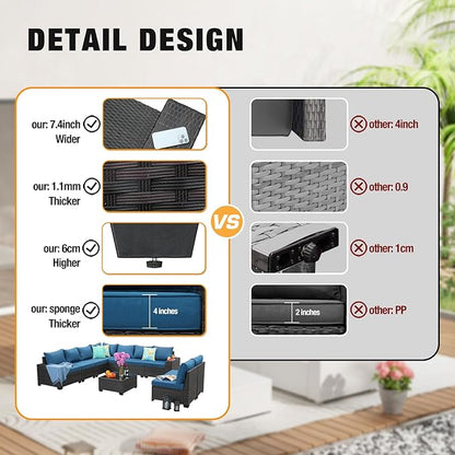 10 Pieces Patio Furniture Set All-Weather Outdoor Wicker Sectional Conversation Sofa Rattan Patio Seating Sofa with Cushion and Glass Table for Porch Poolside,Peacock Blue