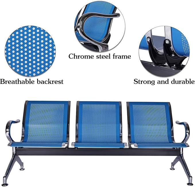 Kinsuite 3-Seat Reception Chairs - Waiting Room Chairs with Arms & Stainless Steel Frame, Waiting Room Bench Lobby Chairs for Office Airport Bank Hospital, Blue