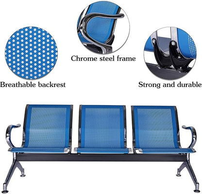 Kinsuite 3-Seat Reception Chairs - Waiting Room Chairs with Arms & Stainless Steel Frame, Waiting Room Bench Lobby Chairs for Office Airport Bank Hospital, Blue