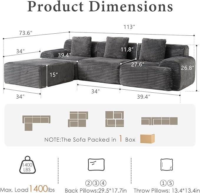 VK·LIVING 113" Cloud Sectional Couch, 61.6" Deep Seat Boneless Modular Sofa with Wide Armrests, Plush Corduroy Memory Foam Couch for Living Room, No Assembly, Dark Gray