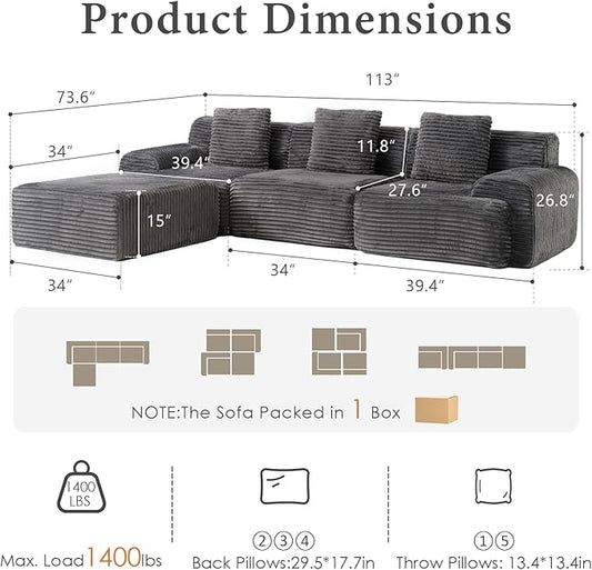 VK·LIVING 113" Cloud Sectional Couch, 61.6" Deep Seat Boneless Modular Sofa with Wide Armrests, Plush Corduroy Memory Foam Couch for Living Room, No Assembly, Dark Gray
