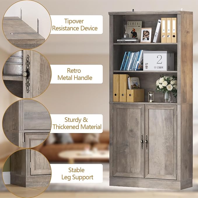 72'' Tall Bookcase with Doors, Adjustable Shelves, P2 MDF Construction, 32'' Wide Freestanding Cabinet with Metal Handles, Hidden Storage for Living Room, Bedroom, Grey