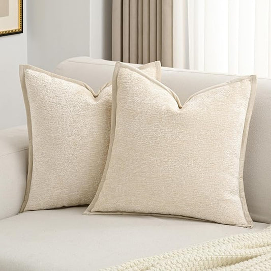 FUTEI Beige Chenille Throw Pillow Covers 16x16 Inch Set of 2,Soft Cozy Bound Edge Design Cushion Case,Home Decor for Couch Bed Living Room