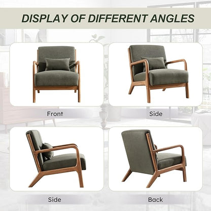 Accent Chair Mid Century Modern Chair Linen Fabric Living Room Chairs with Solid Wood Frame Comfy Upholstered and Lumbar Pillow Reading Side Chair Easy Assembly for Bedroom Room (2, Linen Green)