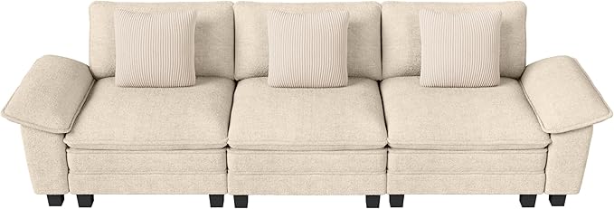 123" Cloud Modular Sectional Sofa, 3-Seater w/Deep Seat & Removable Arms, Plush Chenille for Living Room - Beige