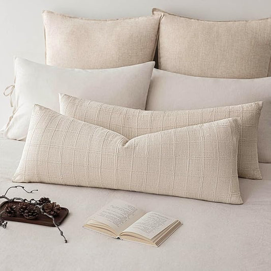 Foindtower Set of 2 Decorative Linen Check Throw Pillow Covers Neutral Farmhouse Lumbar Cushion Covers Modern Boho Home Decor for Sofa Chair Couch Bedroom Living Room,12×24 Inch,Natural Beige