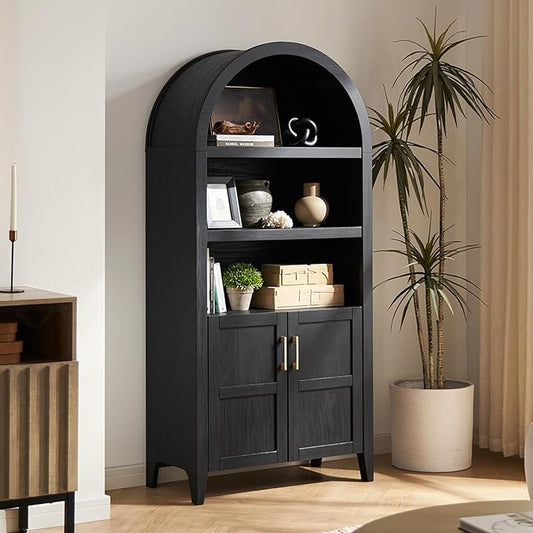 mopio Lauren 65.4" Short Arched Cabinet, 5-Tier Arched Bookcase with Doors and Shelves, Mini Arch Bookshelf with Storage, Wooden Storage Cabinet for Living Room and Kitchen Pantry (Black Accent)