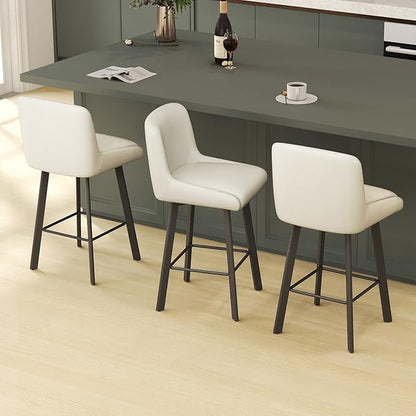 Swivel Bar Stools, 26''H Upholstered Barstools with Backs, Modern Counter Height Bar Stool Chairs for Kitchen Island, Metal Legs (Beige- Faux Leather, Set of 3-26" H)