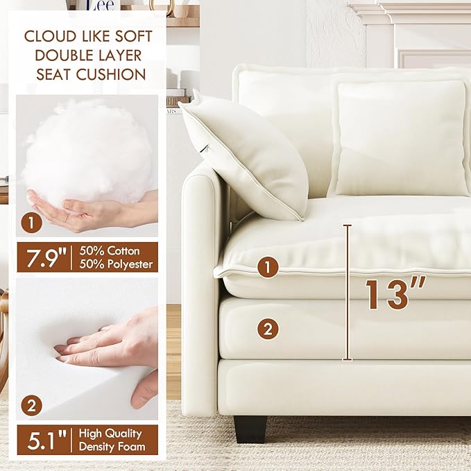 111.4” Cloud Couch Modular Sectional Sofa, Comfy Modern 3-Seater Couches with Pillows & Upholstered Deep Seat Cushion for Apartment Living Room Bedroom （Beige）
