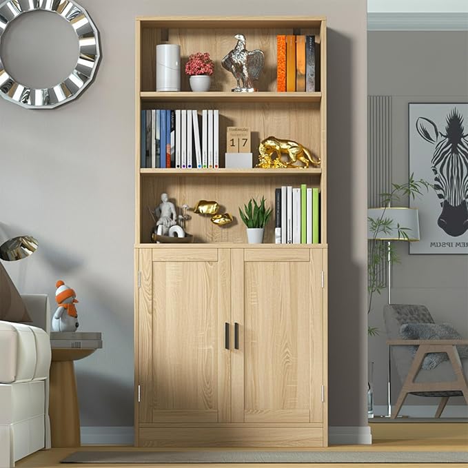 75" Tall Bookcase with Doors, 5 Tier Large Bookshelf with Cabinet, Standing Wood Display Book Shelf for Living Room, Office, Library with Doors, Oak