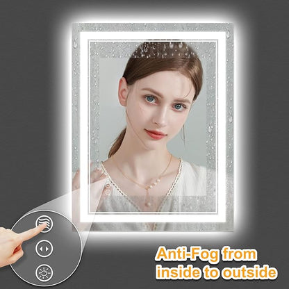 LED Mirror 20"x28" with Front and Backlit,Dimmable LED Lighted Vanity Mirror Bathrooom Wall,Memory Shatterproof Anti Fog Mirror for Bathroom