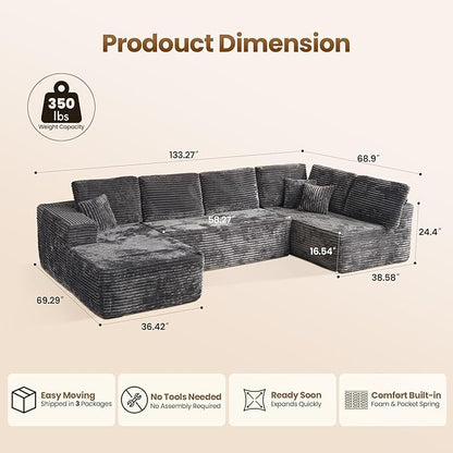 Cloud Sectional Couch with Chaise, Boneless U-Shaped Cloud Couch with Deep Seat, Soft Plush Modern Minimalist Sofa, Assembly Free Modular Floor Sofa for Office Living Room Apartment, Grey