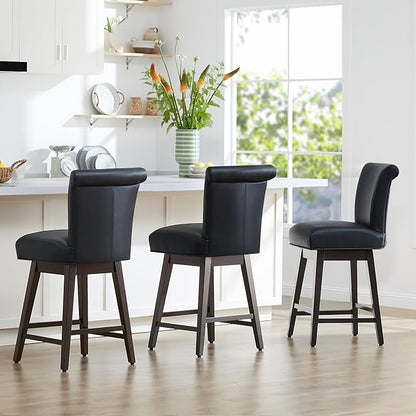 CHITA 26 Inch Counter Height Swivel Bar Stools Set of 3, FSC Certified Modern Upholstered Faux Leather Swivel Barstool Chair with Back, Black