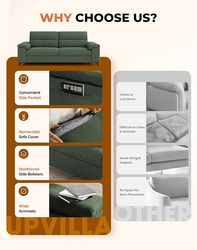 88.97" Modern Sofa Couch for Living Room, Deep Seat Sofas with 8”Cushion, Comfy 2-Seater Chenille Loveseat with Convertible Armrest, Removable Sofa Cover, High Leg (Green)
