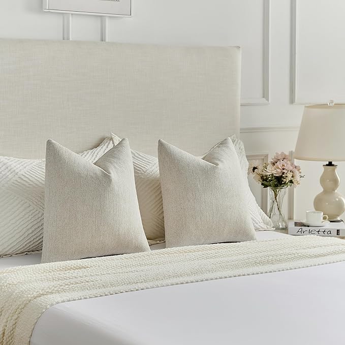 FUTEI Natural White Wood Chenille Decorative Throw Pillow Covers 22x22 Inch Set of 2,Soft Cozy Faux Linen Textured Cushion Case,Farmhouse Home Decor for Couch Living Room
