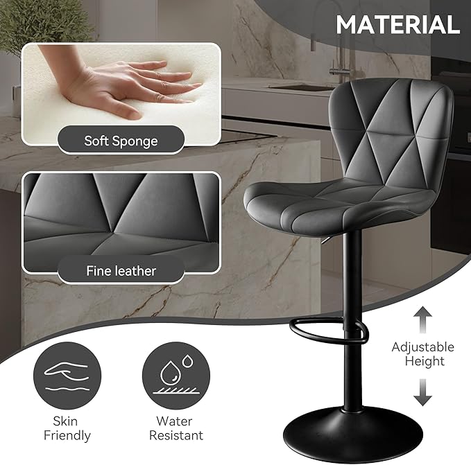 Bar Stools Set of 2,Adjustable Swivel Barstools, Faux Leather Bar Chairs,Upholstered Counter Height with High Backrest for Kitchen Island, Black
