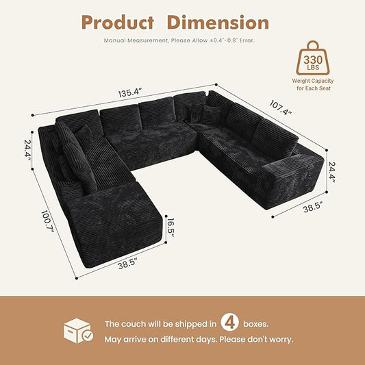 Weaxty Boneless Sectional Couch, Oversized L Shaped Modular Cloud Couches, Plush Corduroy Memory Foam Deep Seat Floor Sofa, No Assembly Required，Black