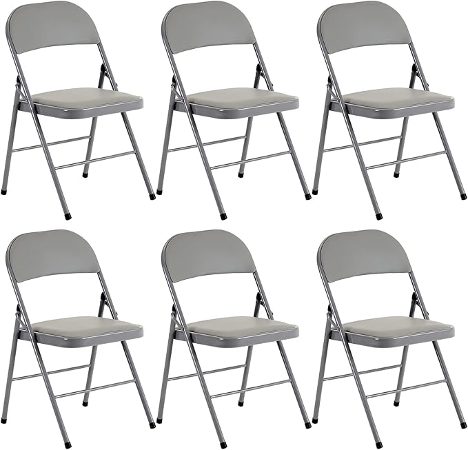 6 Pack Grey Folding Chairs with Padded Seats, Portable Stackable Foldable Chairs for Indoor and Outdoor, Commercial Seat with Metal Frame for Events Office Wedding, 330lbs Capacity