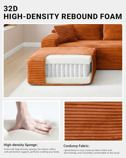 108" Cloud Sectional Couch,Modern Modular Sectional Sofa with Deep Seat,Corduroy Boneless Couches with L-Shape Chaise for Living Room,No Assembly Required (Orange, Right Facing Chaise + Ottoman)