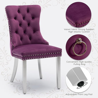 Velvet Upholstered Dining Chairs Set of 2, Modern Kitchen Side Chairs with Nailhead Trim and Silver Plated Leg, Metal Pulling Ring for Dining Room Living Room(Purple-Silver Plated Leg)