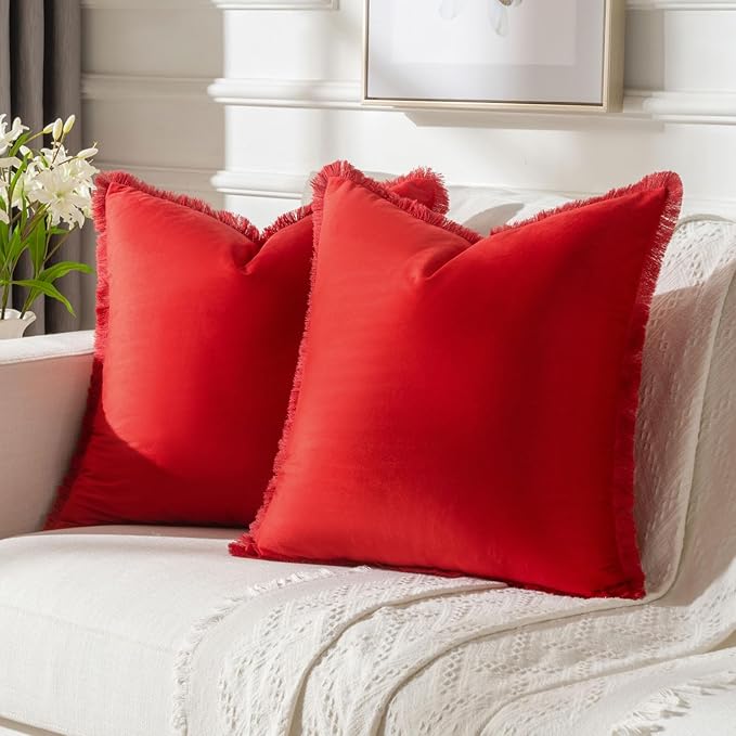 FUTEI Christmas Red Velvet Decorative Throw Pillow Covers 20x20 Set of 2,Soft Cozy Edge with Tassels Cushion Case,Boho Modern Home Decor for Couch Bed Living Room